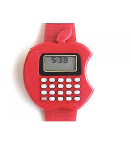 Apple Shape Digital Watch With Calculator, Kids Fashion Watch, Red Color